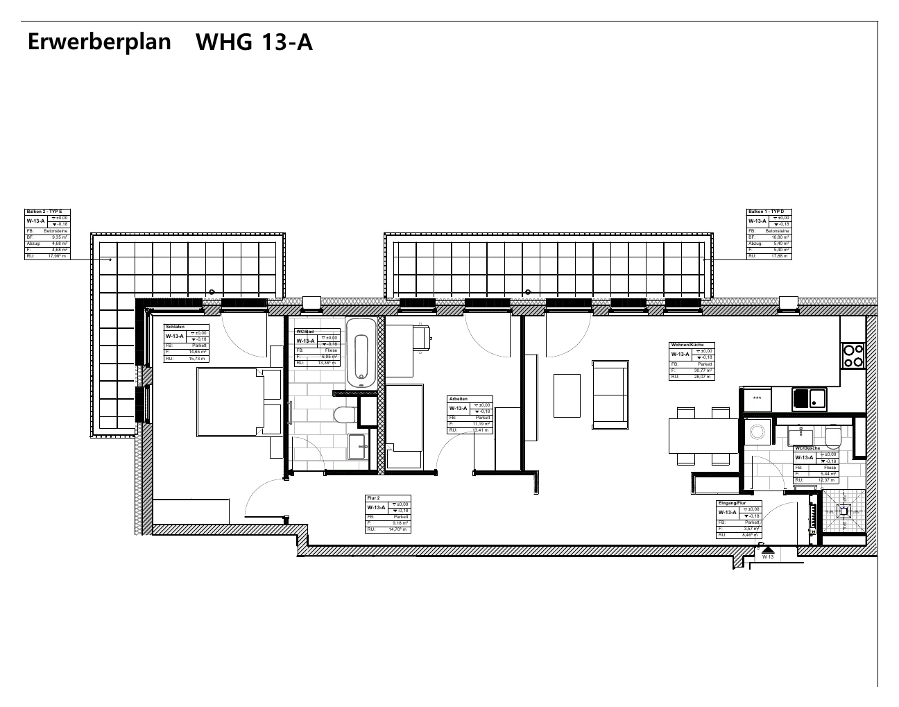 Grundriss der Wohnung 13 im Haus A