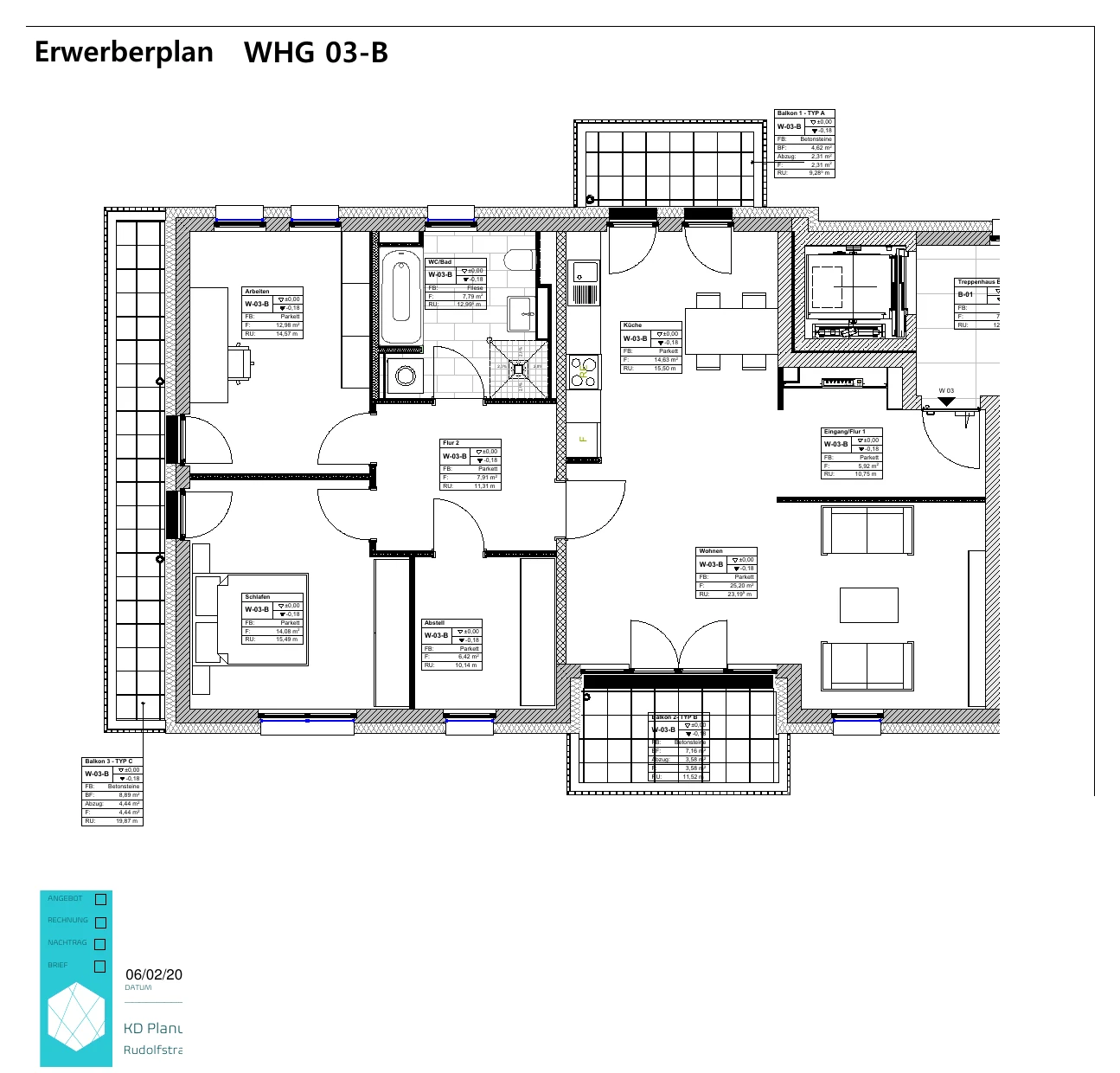 Grundriss der Wohnung 23 im Haus B
